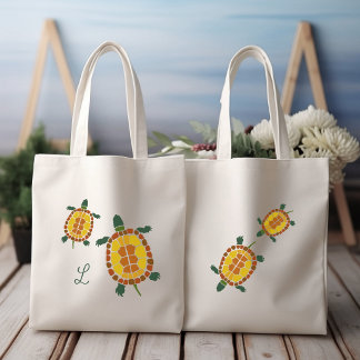Bolsa Tote Tartarugas de Jardim Desenhadas à Mão Inicial Pess