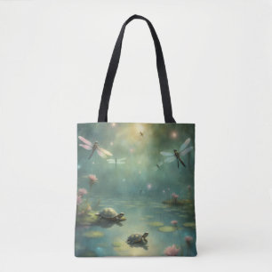 Bolsa Tote Tartarugas Libélulas em folhas de lírio no lago