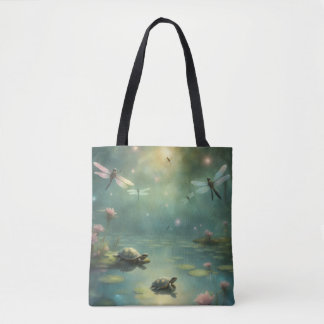 Bolsa Tote Tartarugas Libélulas em folhas de lírio no lago