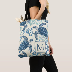 Bolsa Tote Tartarugas Marinhas em Azul e Creme Monograma