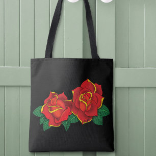Bolsa Tote Tatuagem de Rosas Tradicionais Vermelhas e Pretas