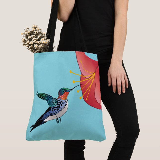 Bolsa Tote Tatuagem Hummingbird e Red Flower Exotic (Close Up)