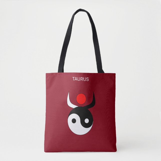 Bolsa Tote Taurus & Na moda Black & White Yin Yang em Maroon (Frente)