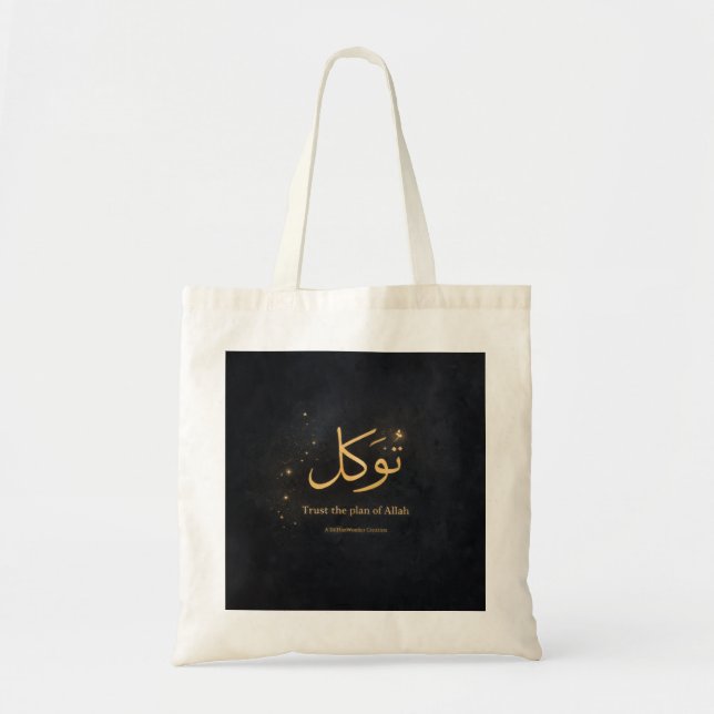 Bolsa Tote Tawakkul Gold Arabic Calligraphy – Trust the Plan  (Frente)