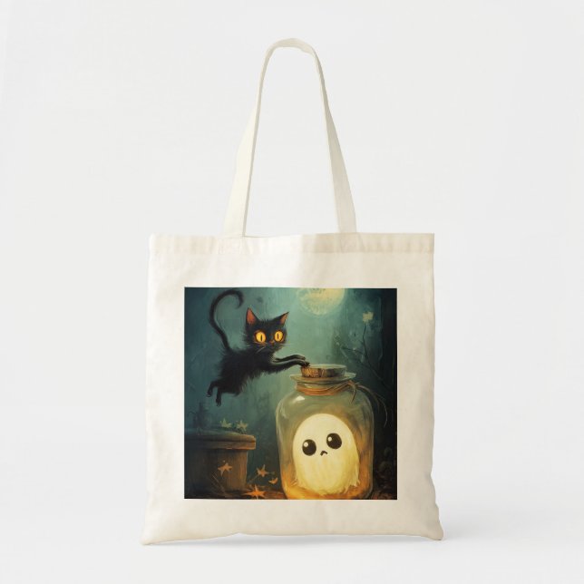 Bolsa Tote Te peguei - Gato Halloween e Fantasma (Frente)