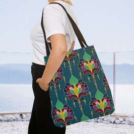 Bolsa Tote Teal and Gold Art Deco Floral Ornament