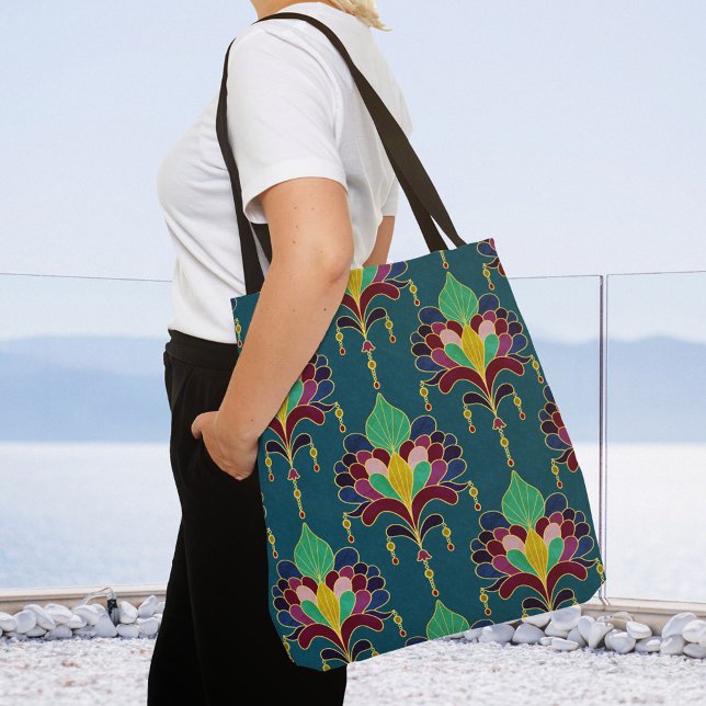 Bolsa Tote Teal and Gold Art Deco Floral Ornament (Criador carregado)