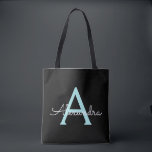 Bolsa Tote Teal Aqua Blue Girly Script Monograma Nome Moderno<br><div class="desc">Negra e Teal Aqua Blue Elegant Adicione seu próprio nome Monograma Book Bag. Este Livro Bag pode ser personalizado para incluir seu nome inicial e próprio e ser dado como presente para o Natal,  Doce 16 Aniversário,  Chá de panela ou Casamento.</div>
