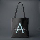 Bolsa Tote Teal Aqua Blue Girly Script Monograma Nome Moderno<br><div class="desc">Negra e Teal Aqua Blue Elegant Adicione seu próprio nome Monograma Book Bag. Este Livro Bag pode ser personalizado para incluir seu nome inicial e próprio e ser dado como presente para o Natal,  Doce 16 Aniversário,  Chá de panela ou Casamento.</div>
