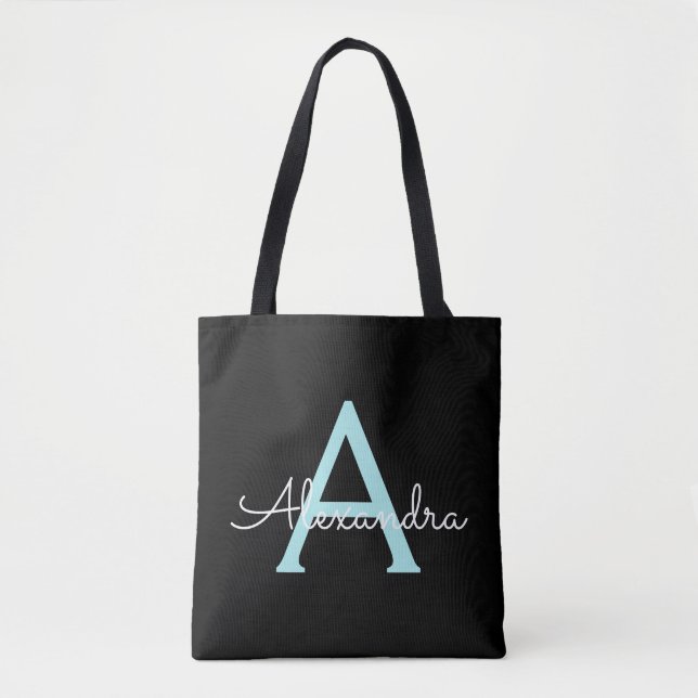 Bolsa Tote Teal Aqua Blue Girly Script Monograma Nome Moderno (Frente)