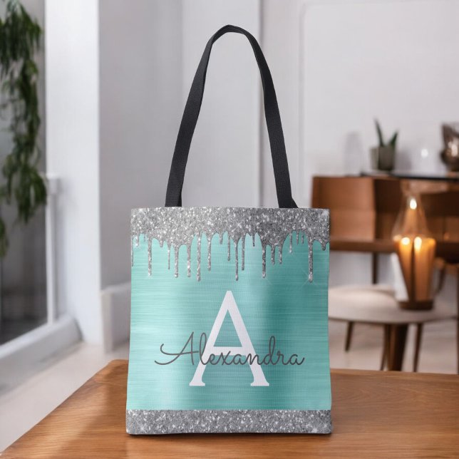 Bolsa Tote Teal Aqua Silver Glitter Sparkle Monograma Elegant (Criador carregado)