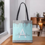 Bolsa Tote Teal Aqua Silver Glitter Sparkle Monograma Elegant<br><div class="desc">Silver de luxo e Teal Aqua Blue Faux Sparkle e Glitter Elegant Monographic Bag. Este Livro Bag pode ser personalizado para incluir seu nome inicial e próprio e ser dado como presente para o Natal,  Doce 16 Aniversário,  Chá de panela ou Casamento.</div>