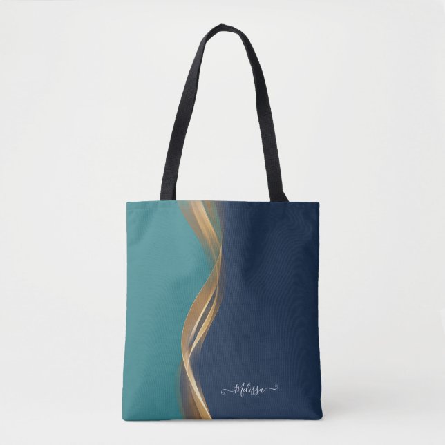 Bolsa Tote Teal Azul Onda Dourada Elegante com Nome (Frente)