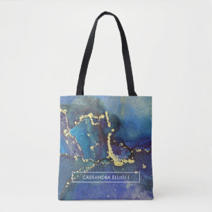 Bolsa Tote Teal Azul Roxo e Arte Líquida Abstrato Dourada