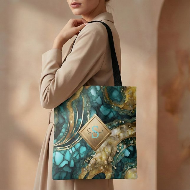 Bolsa Tote Teal Blue Gold Agate Geode Marble Monogram Name (Criador carregado)