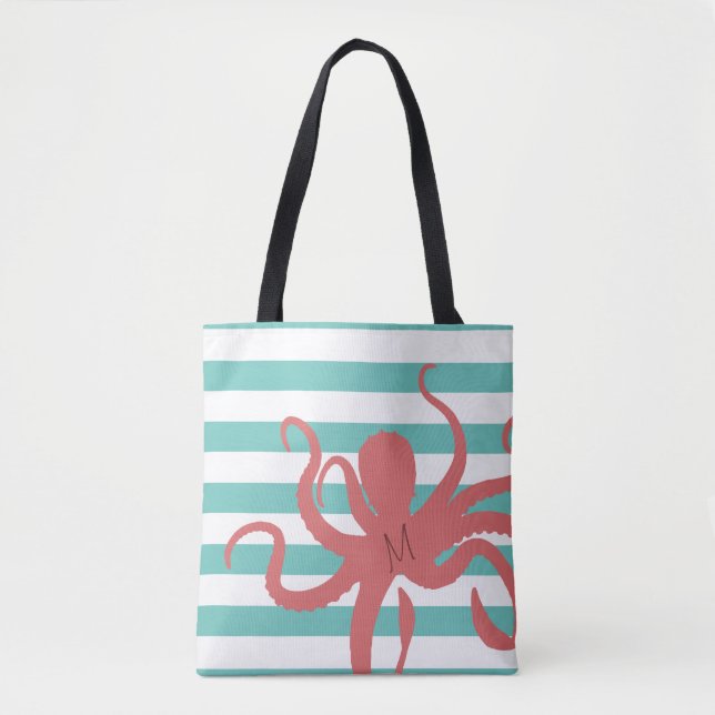 Bolsa Tote Teal branco listrado de polvo vermelho (Frente)