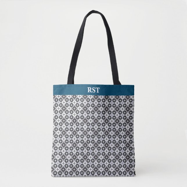 Bolsa Tote Teal, Cinza e Padrão Branco (Frente)