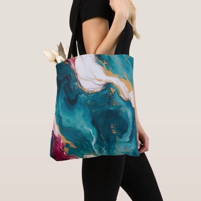 Bolsa Tote Teal & Crimson Marble Elegance (Close Up)