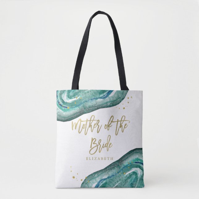 Bolsa Tote Teal de Aquarela e Geodo Dourado | Mãe de Noiva (Frente)