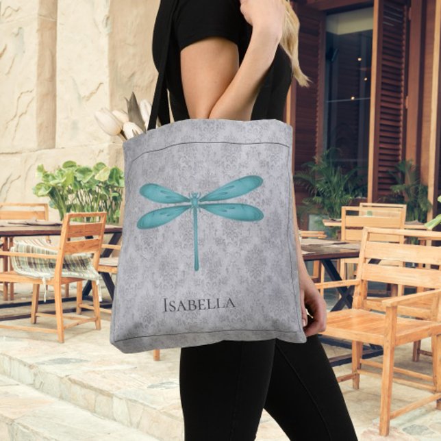 Bolsa Tote Teal Dragonfly Damask (Teal Dragonfly Damask Tote Bag)