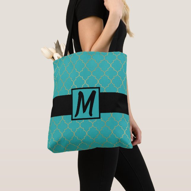 Bolsa Tote Teal e Dourado Monogramado em Quatrefoil (Close Up)