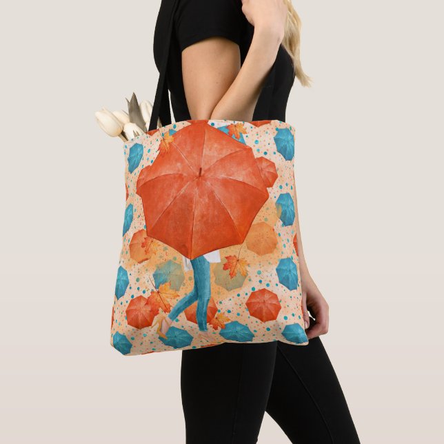 BOLSA TOTE TEAL E LARANJA UMBRELLAS DO OUTONO COM MULHERES (Close Up)