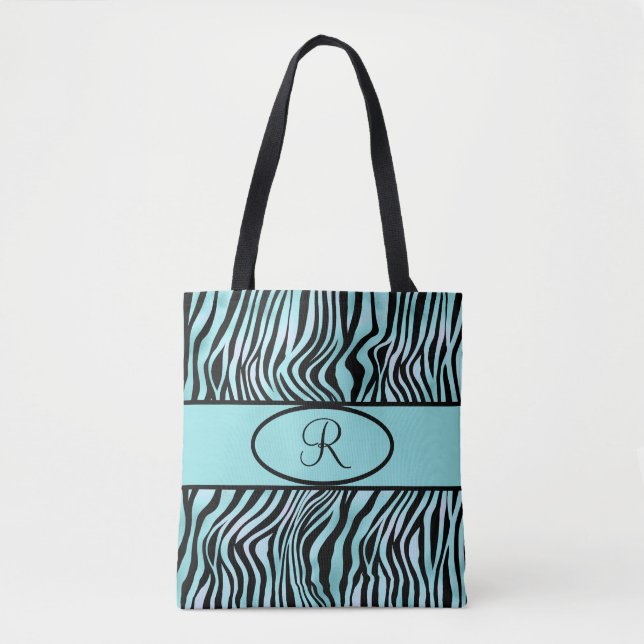 Bolsa Tote Teal e Preto de Flores-de-Zebra Monogramas Stripe  (Frente)