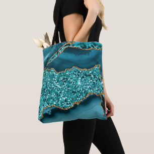 Bolsa Tote Teal Elegante e Agato Dourado do Oceano Glitter
