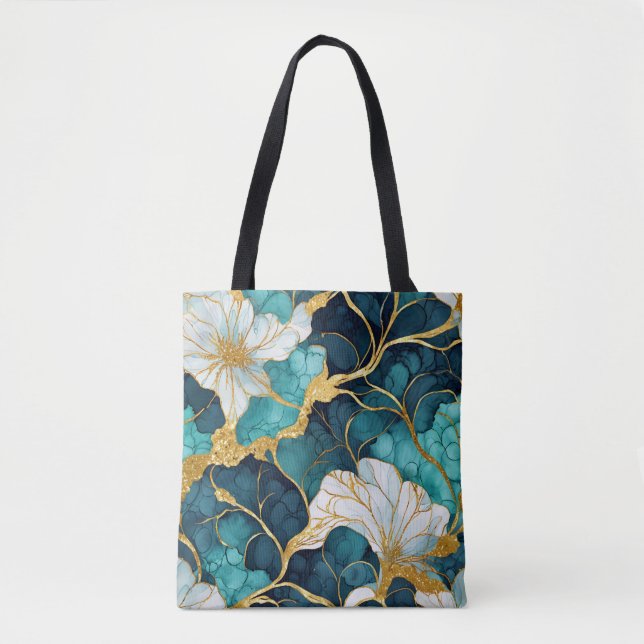 Bolsa Tote Teal Floral Japonês Dourado (Frente)