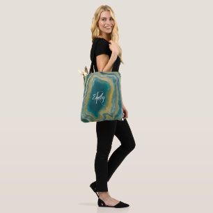 Bolsa Tote Teal Green Agate Marble Abstrato Name Monograma