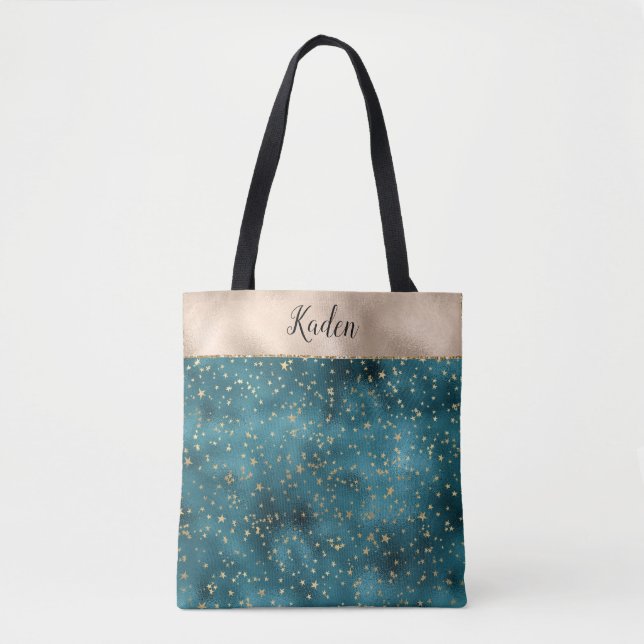 Bolsa Tote Teal Green Dourado Stars (Frente)