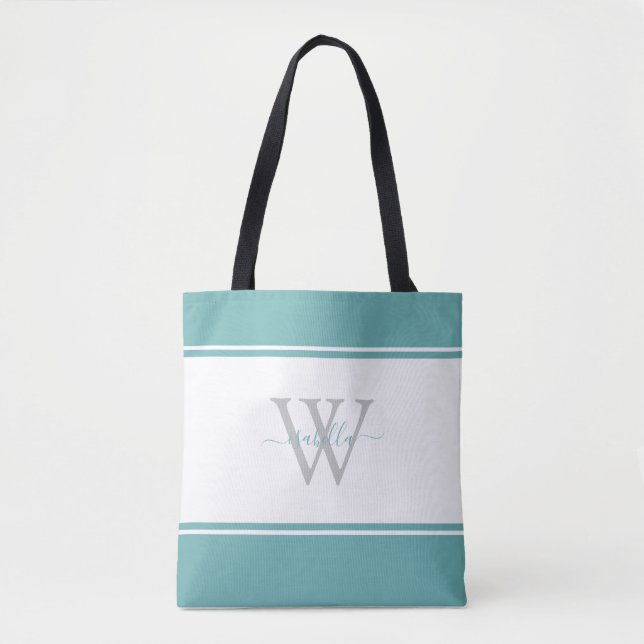 Bolsa Tote Teal Inicial de Script Monograma (Frente)