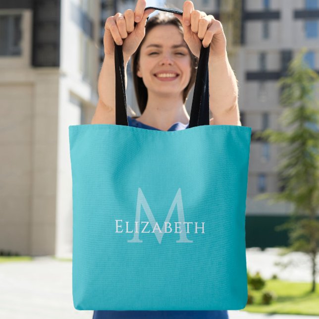 Bolsa Tote Teal Monogram com Inicial do Nome Moder (Teal Monogram Modern Name Initial Tote)