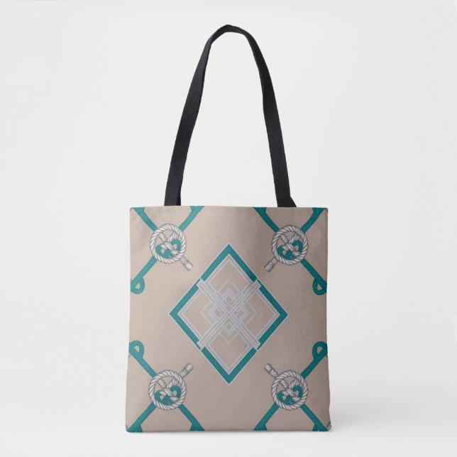 Bolsa Tote Teal Náutico de Nó Diamante, bege, branco (Frente)