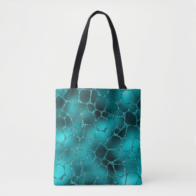 Bolsa Tote Teal Ombre Glam Glitter Girafa Patterno (Frente)
