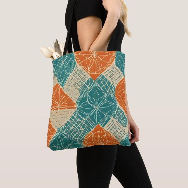 Bolsa Tote Teal, Orange, and Tan Abstract Flowers (Close Up)