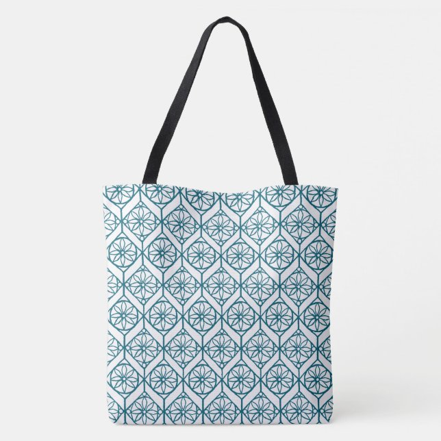 Bolsa Tote Teal sobre Padrão Étnico Branco, Flores, Chevrons (Verso)