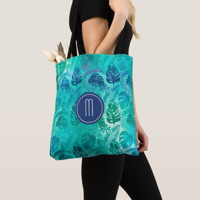 Bolsa Tote Teal Tropical Palm Leaf Patterno Monograma (Close Up)