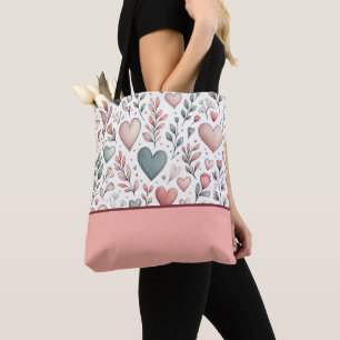 Bolsa Tote Teal, Vermelho, Corações e Flores Rosa, Bloco de C