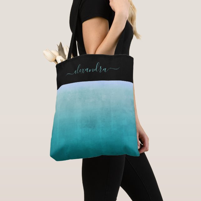 Bolsa Tote Teal White Black rustic ombre personalizado (Close Up)