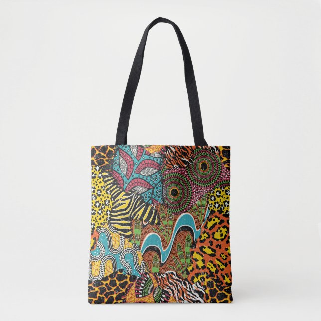 Bolsa Tote Tecido Africano: Patchwork para animais selvagens. (Frente)