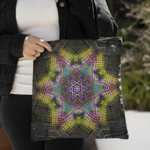 Bolsa Tote Tecido Amarelo de Mandala, rosa e verde