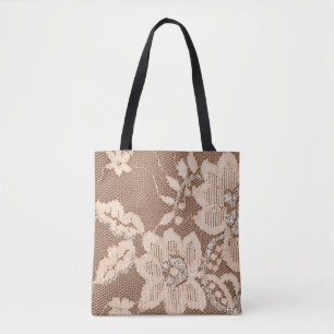 Bolsa Tote Tecido do local de textura. rendas em haste branca