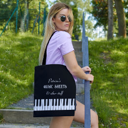 Bolsa Tote Teclado Piano e texto personalizável preto e branc