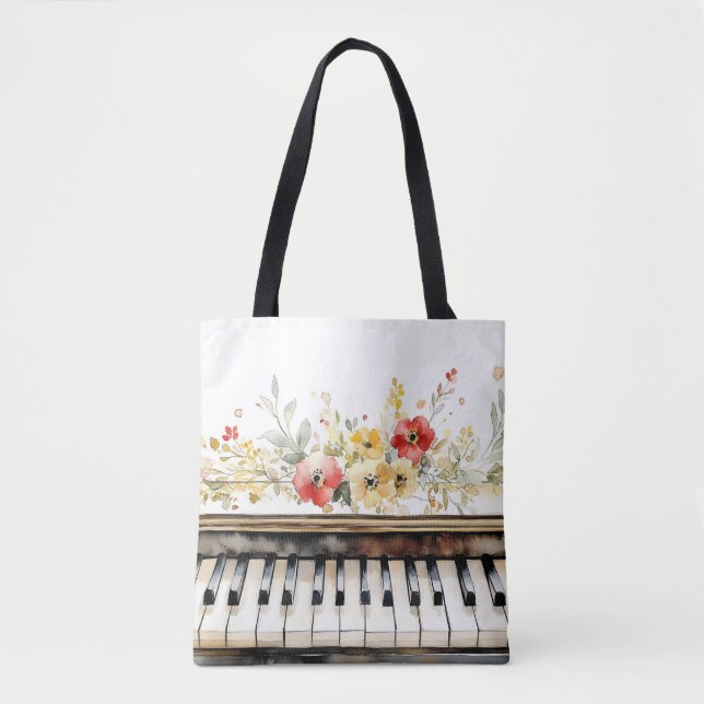 Bolsa Tote Teclas de Piano & Buquê Floral (Frente)