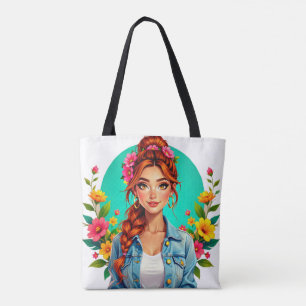 Bolsa Tote Teen Girl Aestic - Retrato de Cartoon Floral