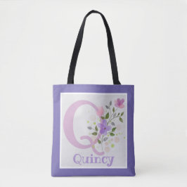 Bolsa Tote tem Primeira Inicial Mais Nome com Flor
