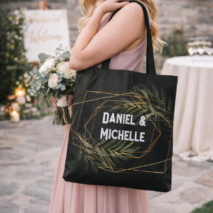 Bolsa Tote Tema Botânico de Casamento Arqueado Preto Moderno 