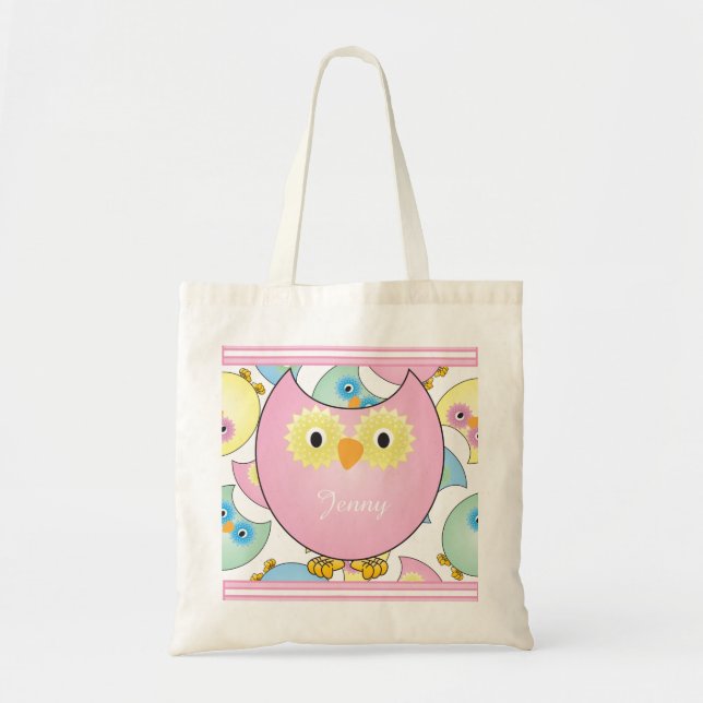 Bolsa Tote Tema da serra do Pastel Baby Owl em rosa (Frente)