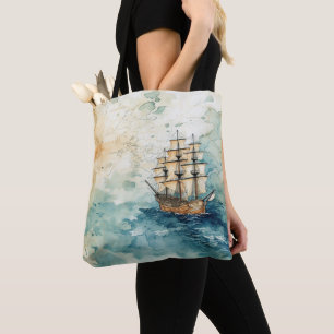 Bolsa Tote Tema Náutico Mapa Antigo de Velho Barco à Vela